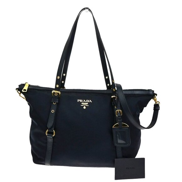 PRADA Logo 2Way Shoulder Hand Bag Nylon Leather Navy Blue GHW - Picture 1 of 16